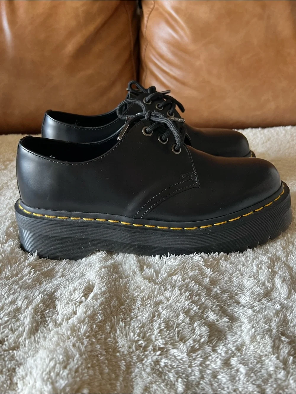 Dr. Martens Black Platform Derby Shoes with Yellow Stitching